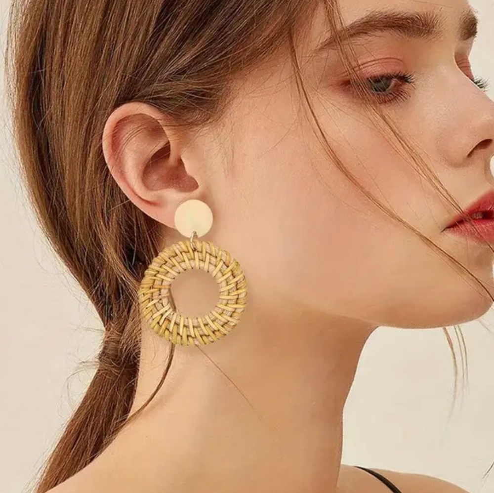 Boho Geometric Earrings - Lightweight, Straw Wicker Braided Hoop Design